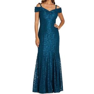 Long, formal sparkling lace dress, size 16, color Peacock.